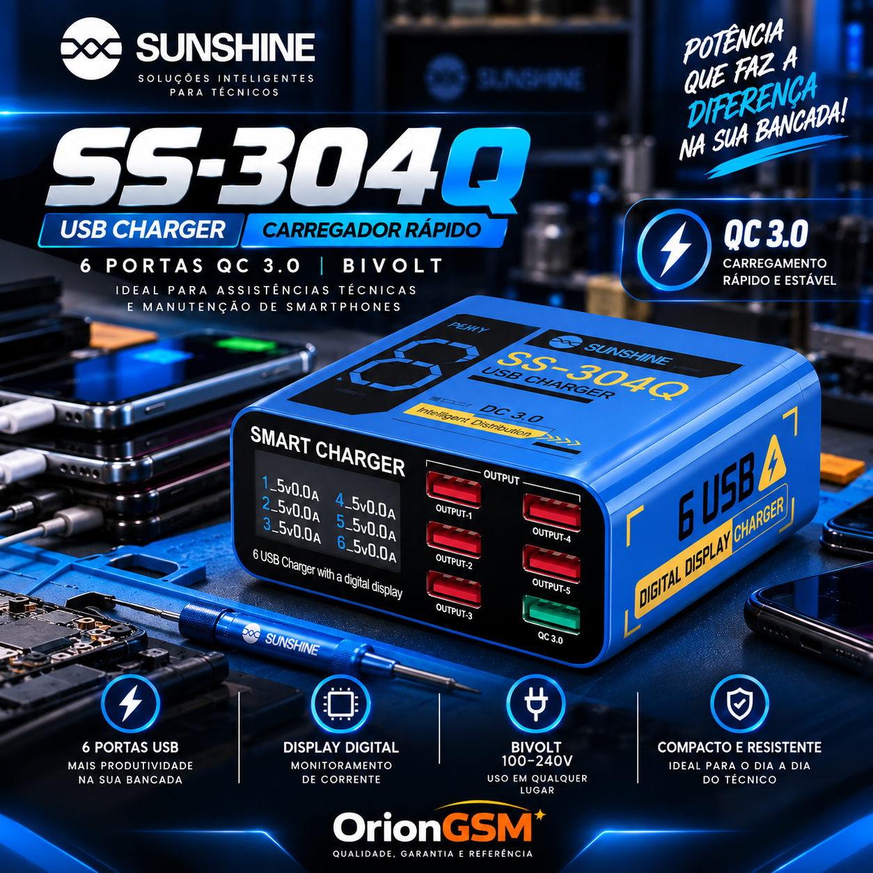 USB CHARGER - Carregador Rápido Sunshine SS-304Q Bivolt 6 Portas QC 3.0 (ENVIO INTERNACIONAL)