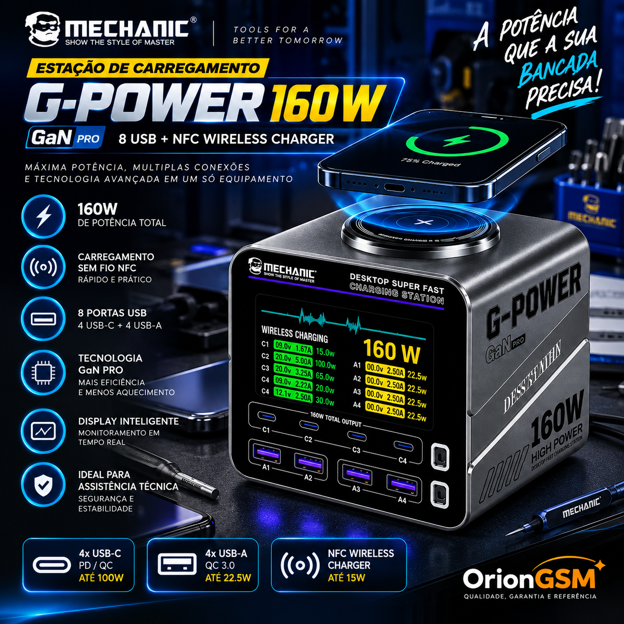 Estação de Carregamento Mechanic G-Power 160W GaN - 8 USB + NFC Wireless Charger (ENVIO INTERNACIONAL)
