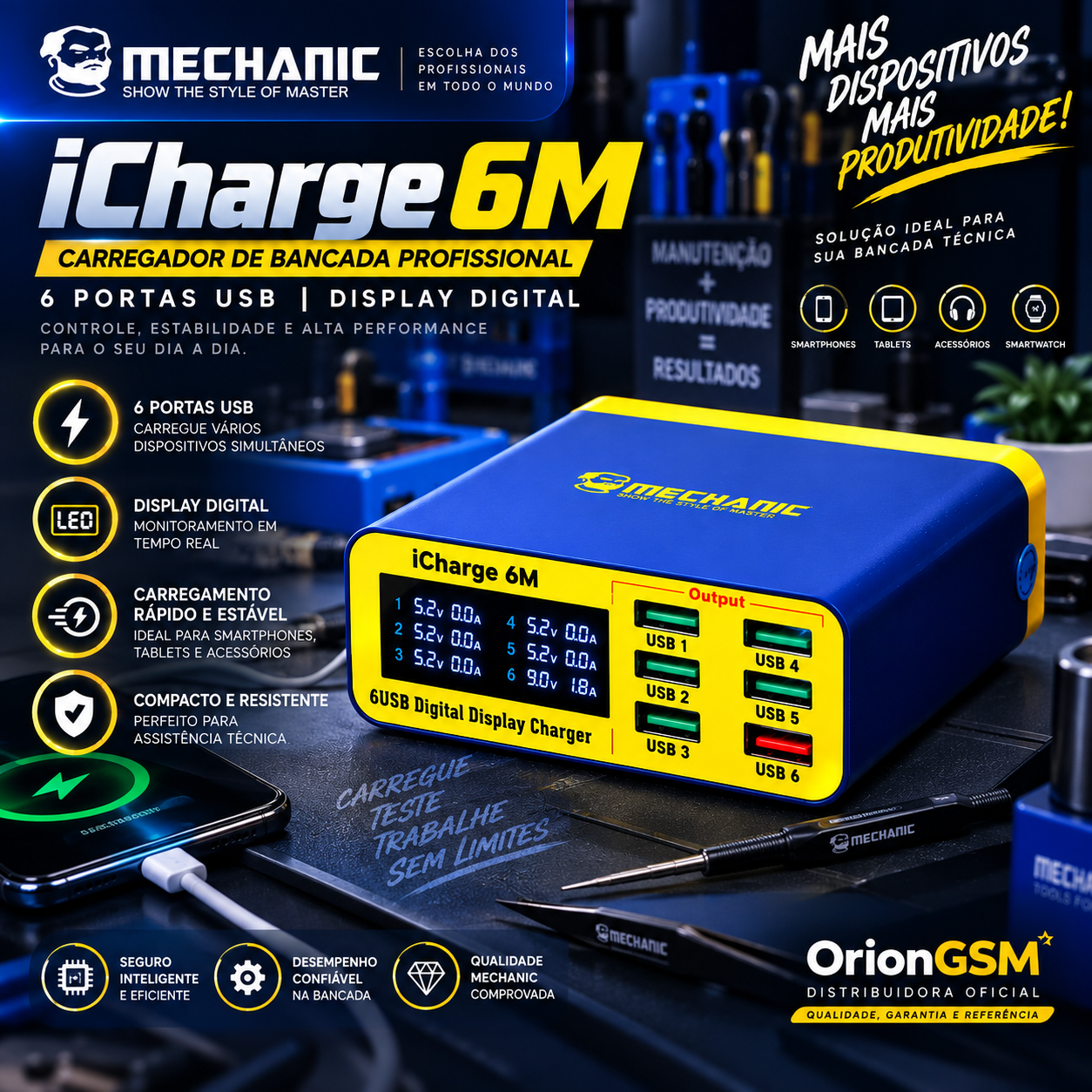USB CHARGER 6M - Mechanic iCharge 6M com QC 3.0 Turbo (ENVIO INTERNACIONAL)