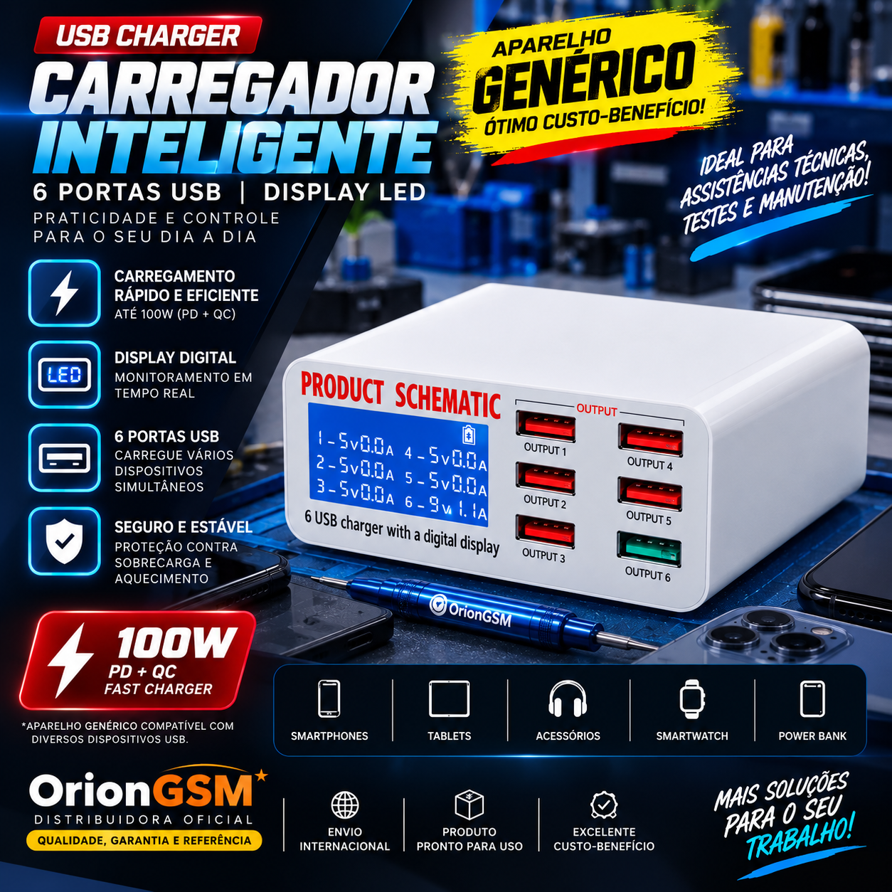 USB CHARGER - Carregador Inteligente 6 Portas USB com Display LED (ENVIO INTERNACIONAL)