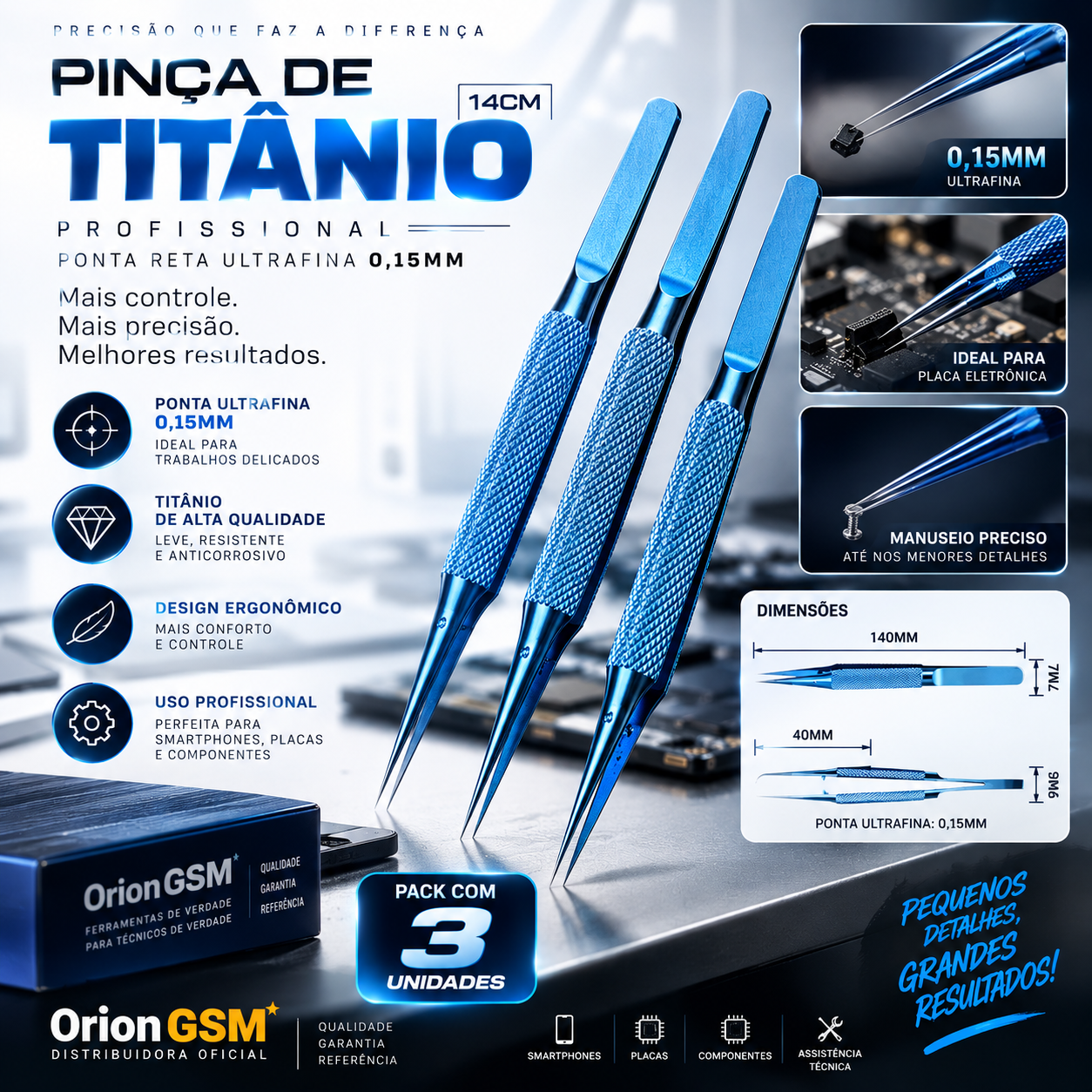 Pinça de Titânio Profissional 14cm Ponta Reta Ultrafina 0,15mm – Pack com 3 Unidades (ENVIO INTERNACIONAL)