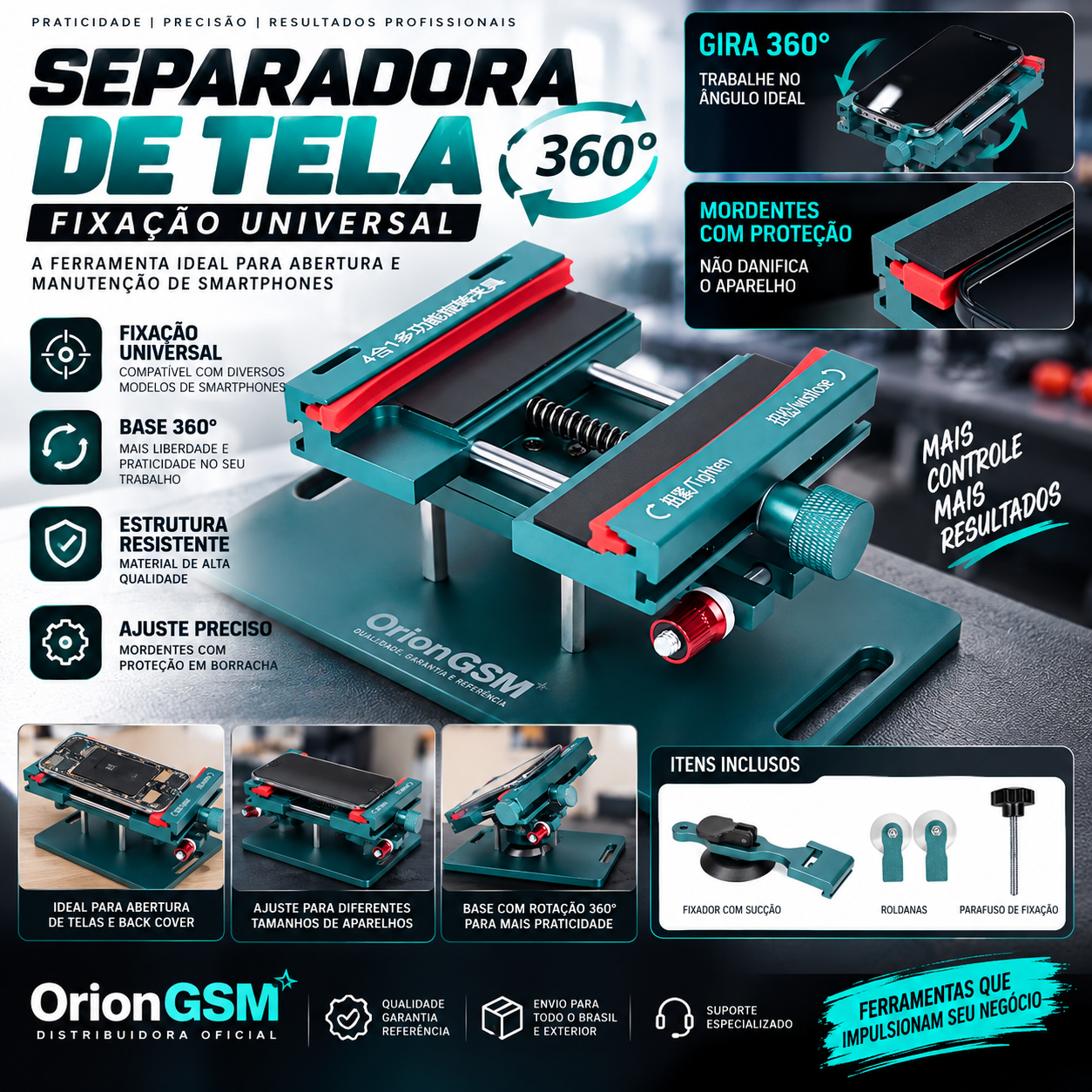 Separadora de Tela Universal 360° com Fixação Ajustável para Smartphones – Suporte Profissional para LCD e Display (ENVIO INTERNACIONAL)