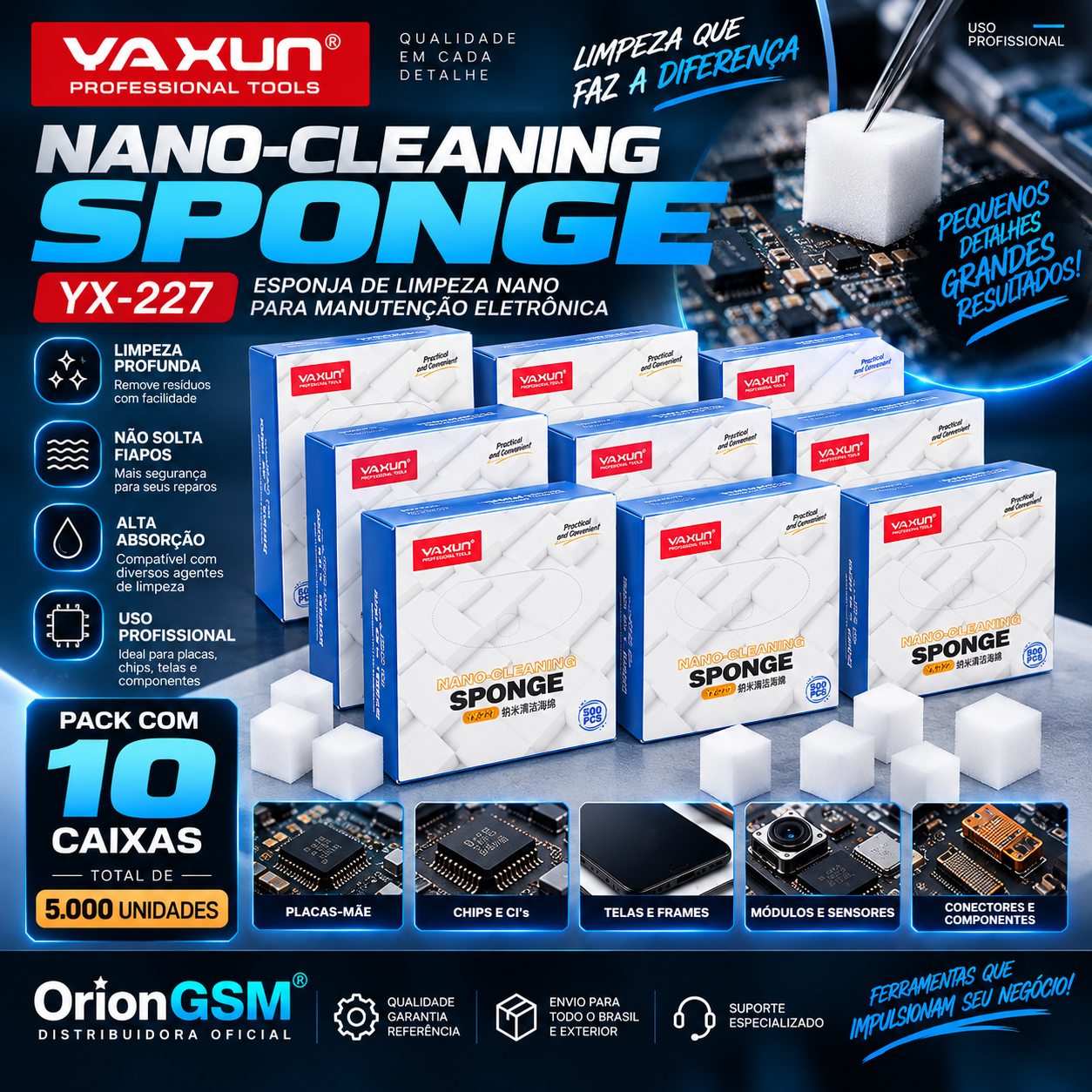 Esponja de Limpeza Nano Yaxun YX-227 para Placas, Chips e Eletrônicos – Pack com 10 Caixas (5.000 Unidades) (ENVIO INTERNACIONAL)