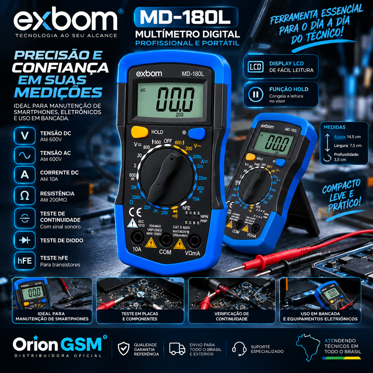 Multímetro Digital Exbom MD-180L Profissional Portátil – Tensão AC/DC, Corrente, Resistência e Continuidade (ENVIO INTERNACIONAL)