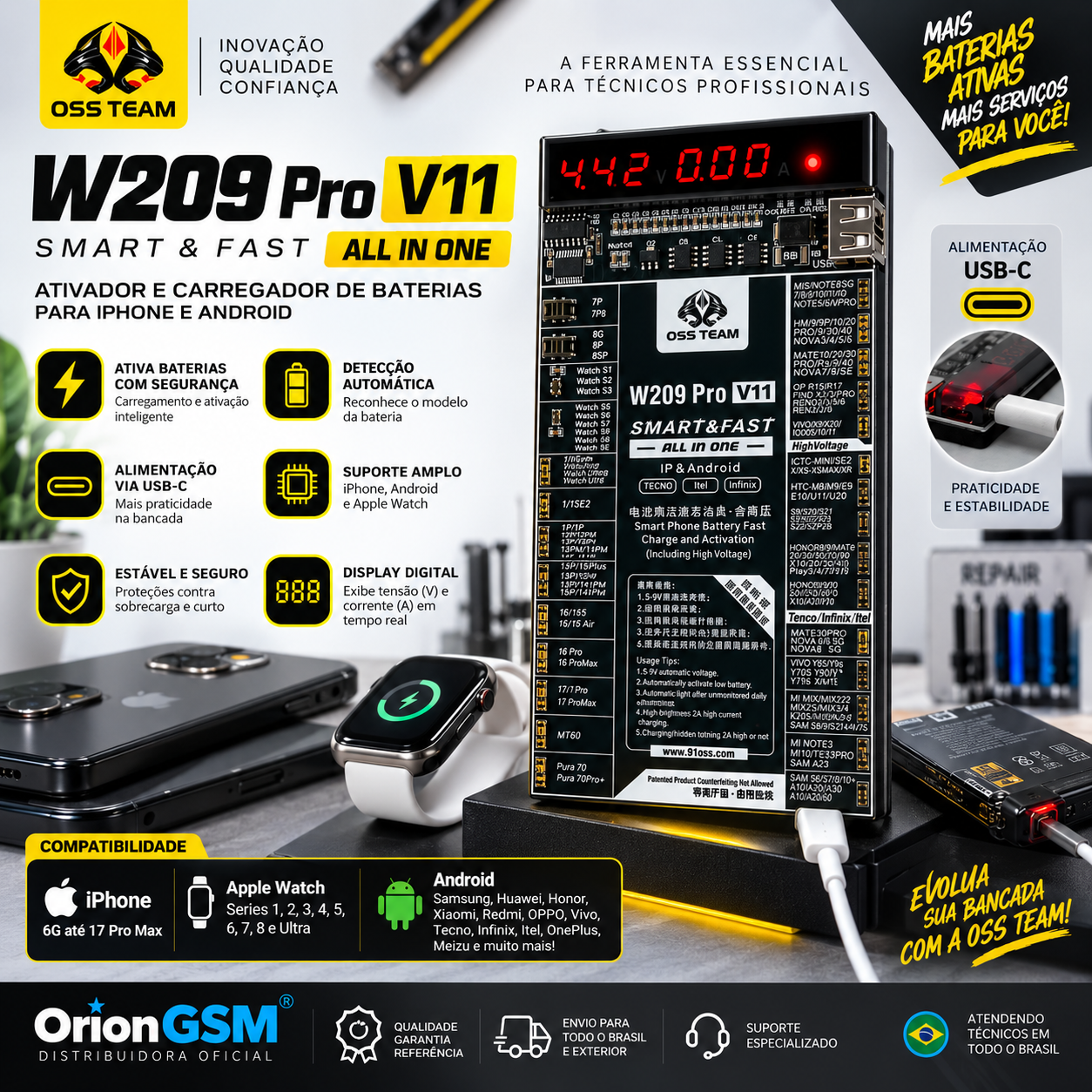 Ativador e Carregador de Baterias OSS TEAM W209 Pro V11 – iPhone, Android e Apple Watch (ENVIO INTERNACIONAL)