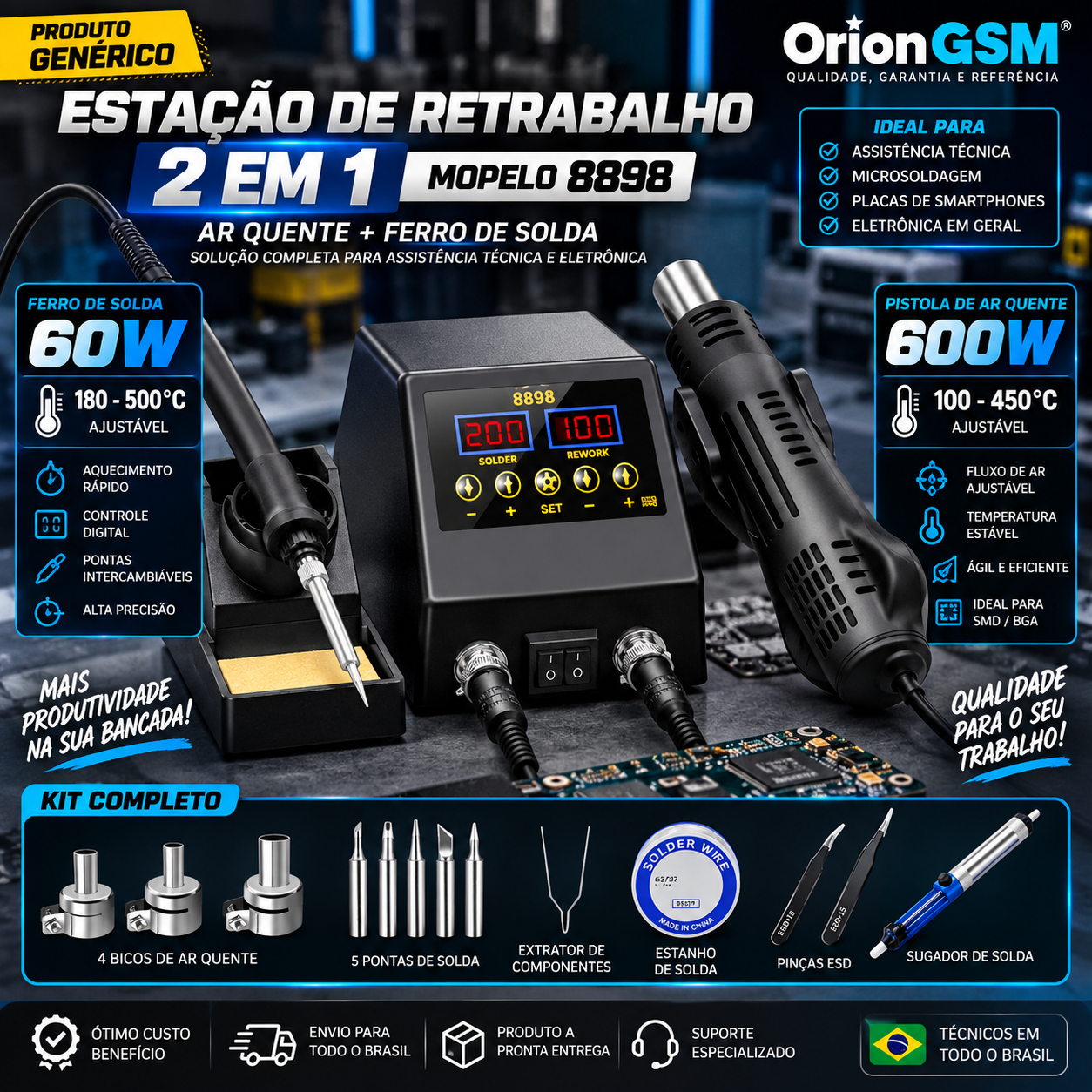 Estação de Retrabalho 2 em 1 8898 Genérica 600W + Ferro de Solda 60W – Kit Completo para Microsoldagem (ENVIO INTERNACIONAL)