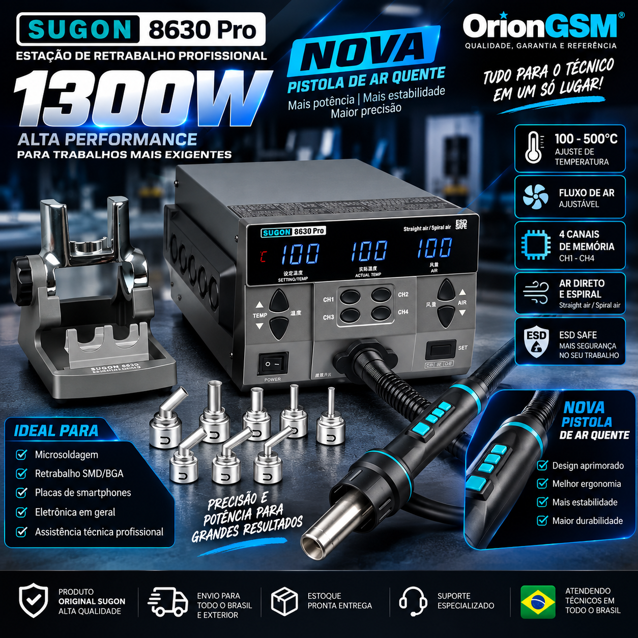 Estação de Retrabalho SUGON 8630 Pro 1300W – Nova Pistola de Ar Quente Digital Profissional (ENVIO INTERNACIONAL)