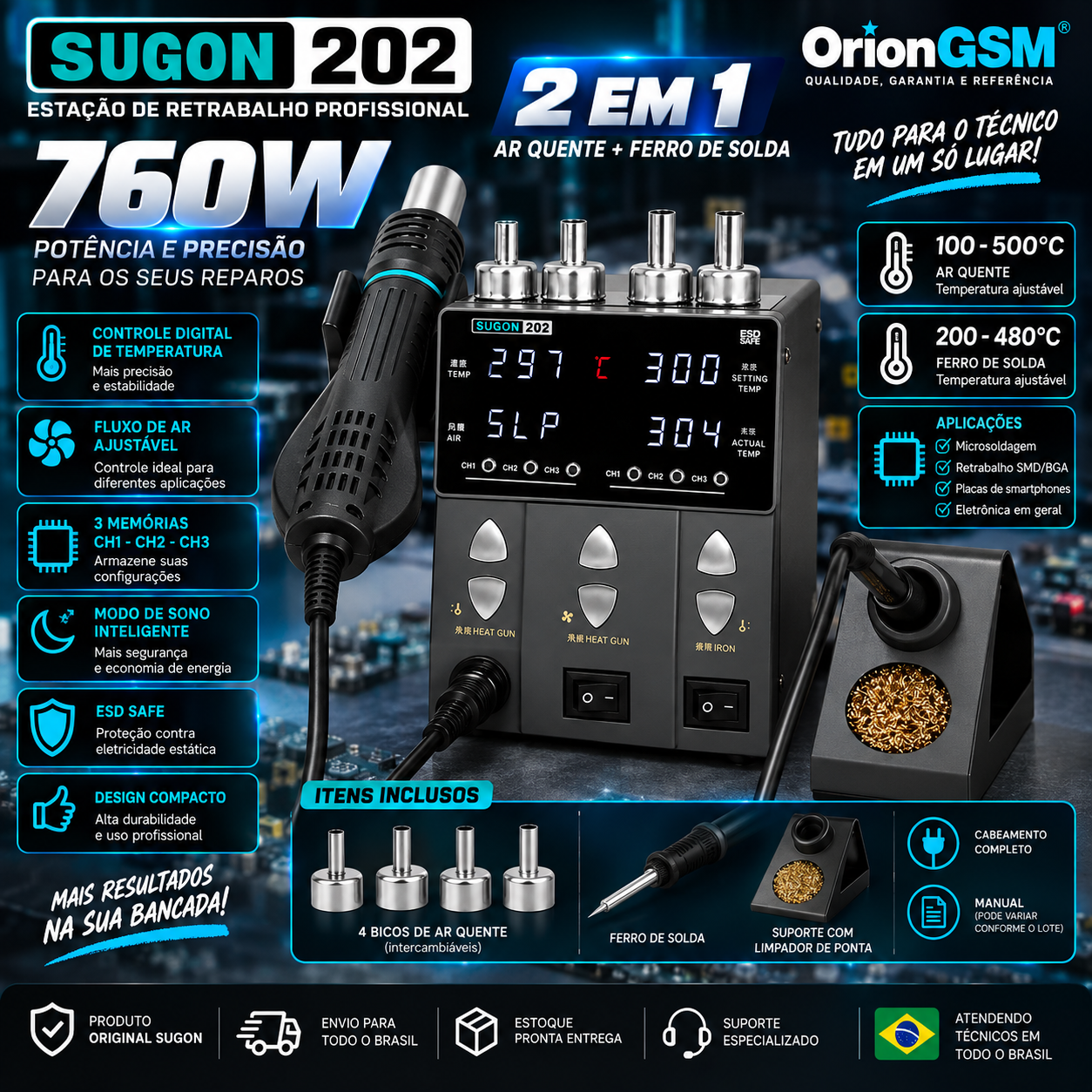 Estação de Retrabalho SUGON 202 760W 2 em 1 – Ar Quente + Ferro de Solda Digital Profissional (ENVIO INTERNACIONAL)