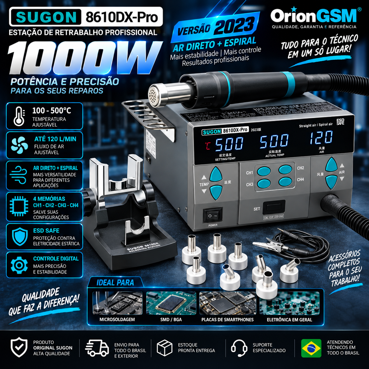 Estação de Retrabalho SUGON 8610DX-Pro 1000W – Ar Quente Digital Profissional ESD Safe (ENVIO INTERNACIONAL)