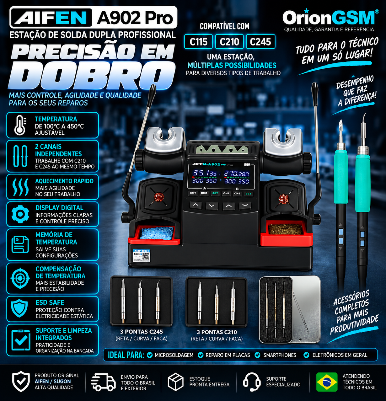Estação de Solda Dupla AIFEN A902 Pro – C210/C245, 6 Pontas, Digital para Microsoldagem (ENVIO INTERNACIONAL)