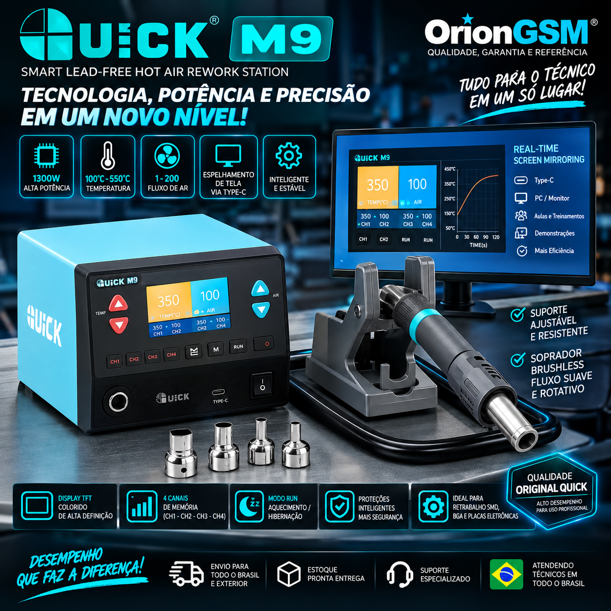 Estação de Retrabalho QUICK M9 Smart 1300W – Ar Quente Digital 200L/min com Espelhamento de Tela (ENVIO INTERNACIONAL)