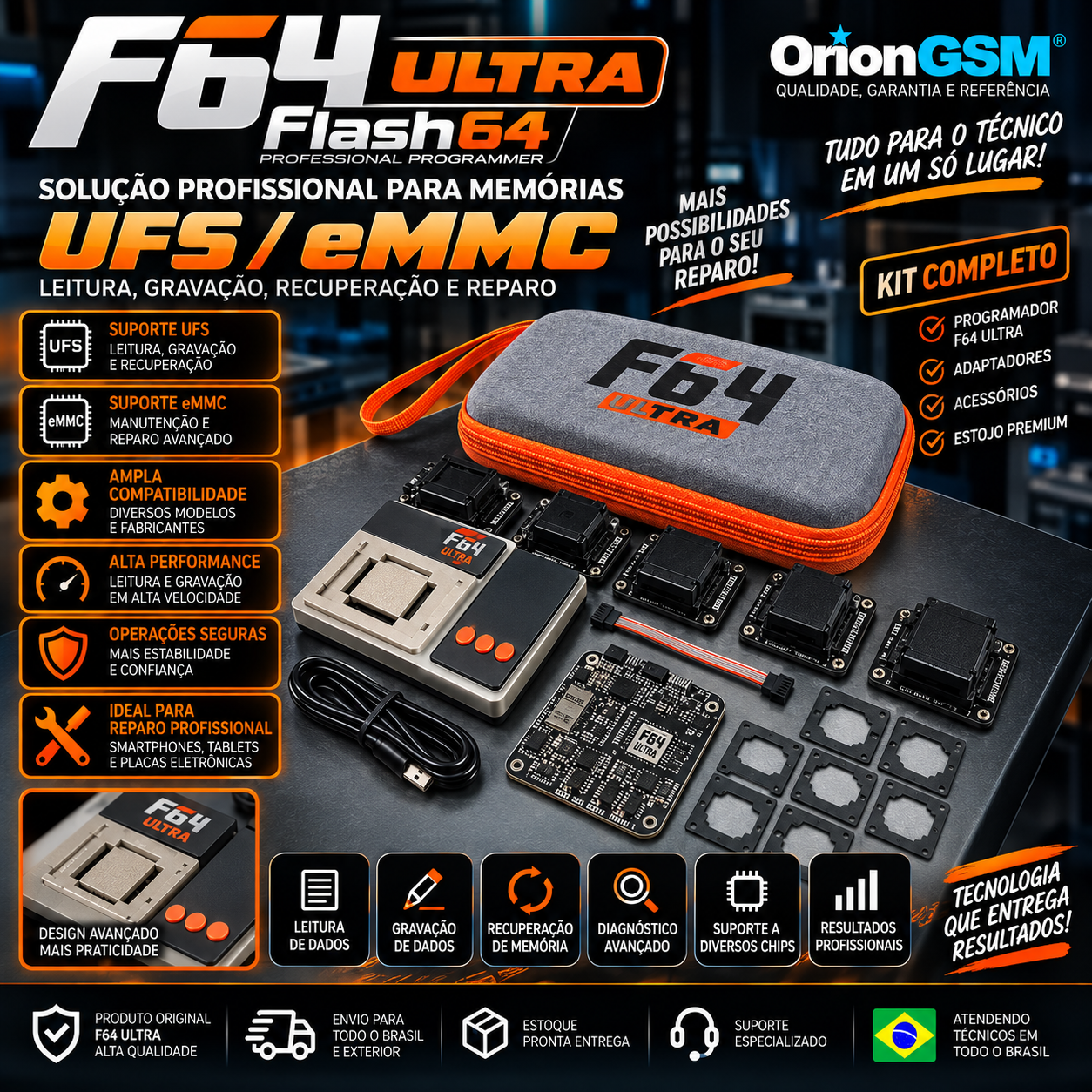 Flash64 F64 Ultra – Programadora Profissional UFS/eMMC com Kit Completo de Adaptadores e Estojo (ENVIO INTERNACIONAL)