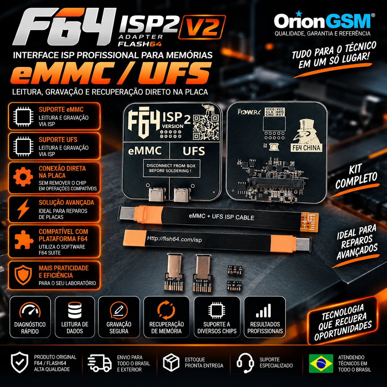 Adaptador Flash64 F64 ISP2 V2 – Interface ISP para Memórias eMMC e UFS (ENVIO INTERNACIONAL)