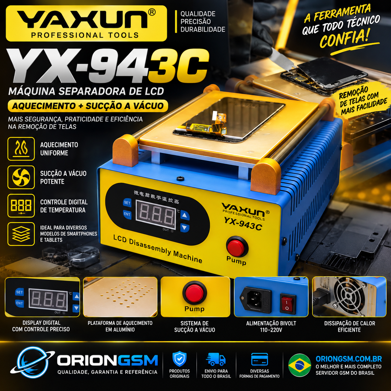 Yaxun YX-943C – Máquina Separadora de LCD com Aquecimento e Sucção a Vácuo (ENVIO INTERNACIONAL)