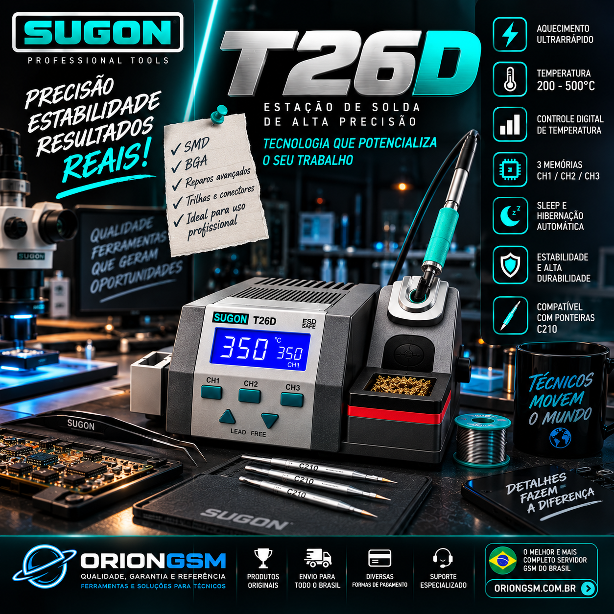 SUGON T26D – Estação de Solda Profissional de Alta Precisão com Ponteiras C210 (ENVIO INTERNACIONAL)