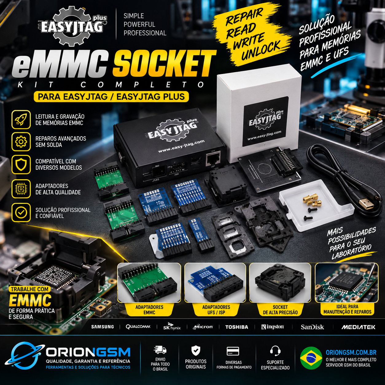 EasyJTAG Plus Box – Programador Profissional eMMC e UFS com Sockets eMMC (ENVIO INTERNACIONAL)