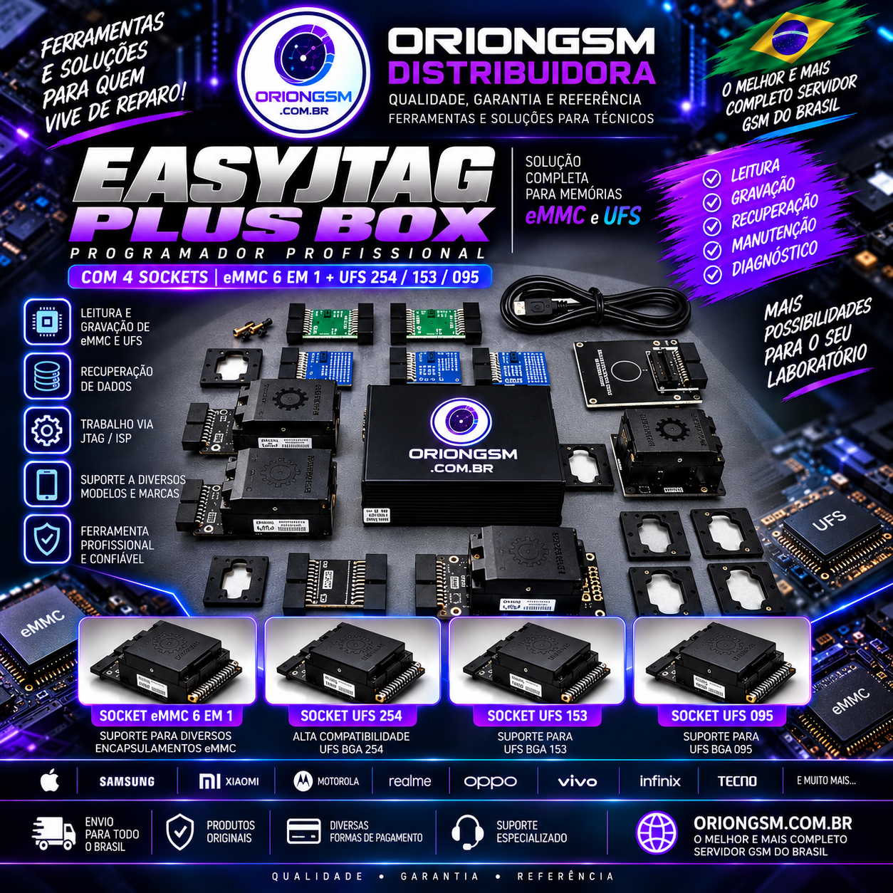 EasyJTAG Plus Box – Programador Profissional eMMC/UFS com 4 Sockets | eMMC 6 em 1 + UFS 254/153/095 (ENVIO INTERNACIONAL)