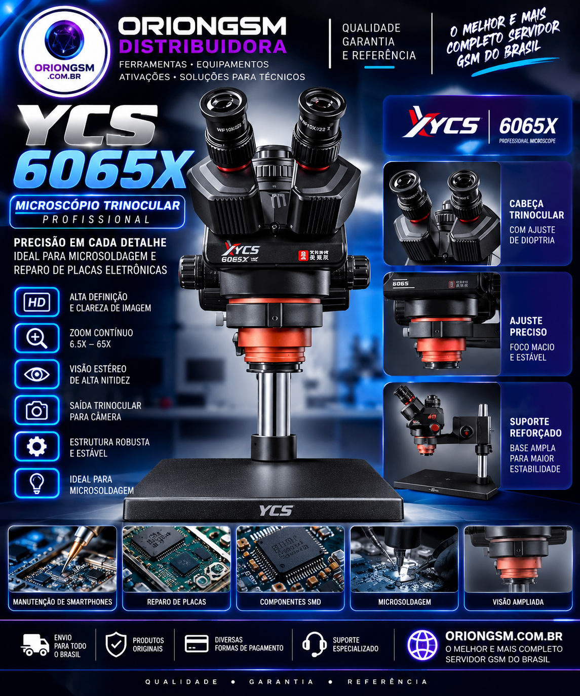 YCS 6065X – Microscópio Trinocular Profissional para Microsoldagem e Reparo de Placas Eletrônicas (ENVIO INTERNACIONAL)