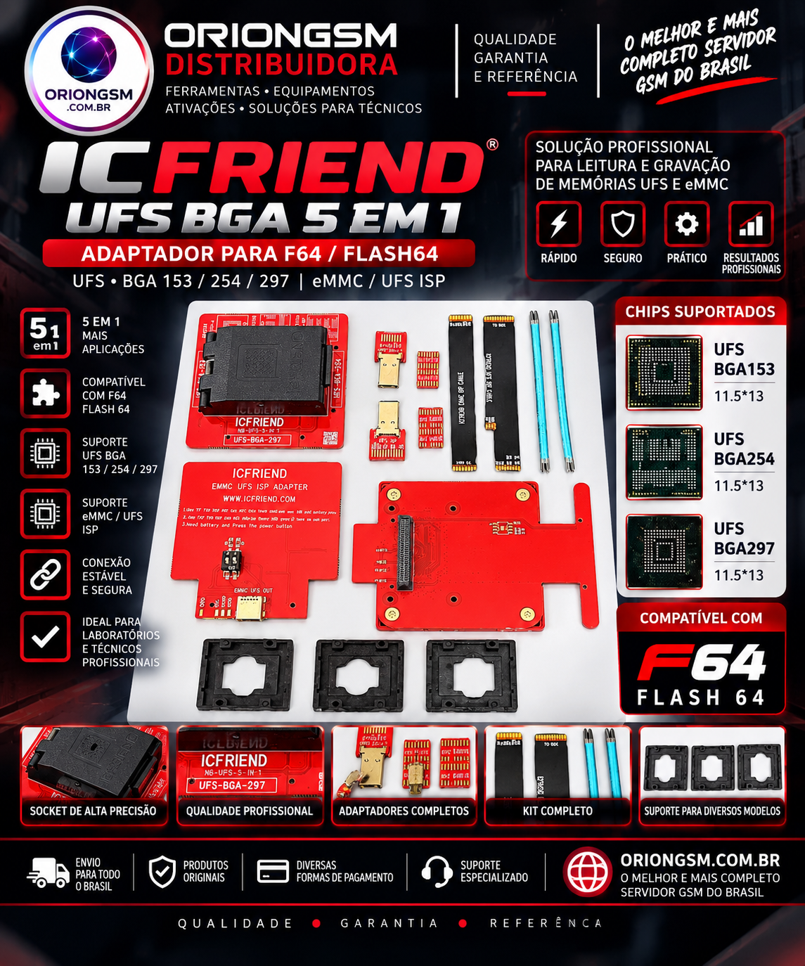 ICFRIEND UFS BGA 5 em 1 – Adaptador eMMC/UFS para F64 Flash64 | BGA 153 / 254 / 297 (ENVIO INTERNACIONAL)