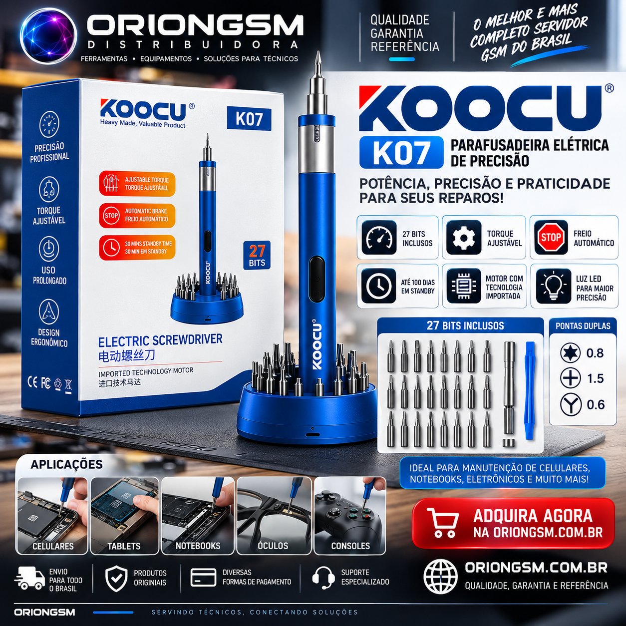 KOOCU K07 – Parafusadeira Elétrica de Precisão com 27 Bits e Torque Ajustável (ENVIO INTERNACIONAL)