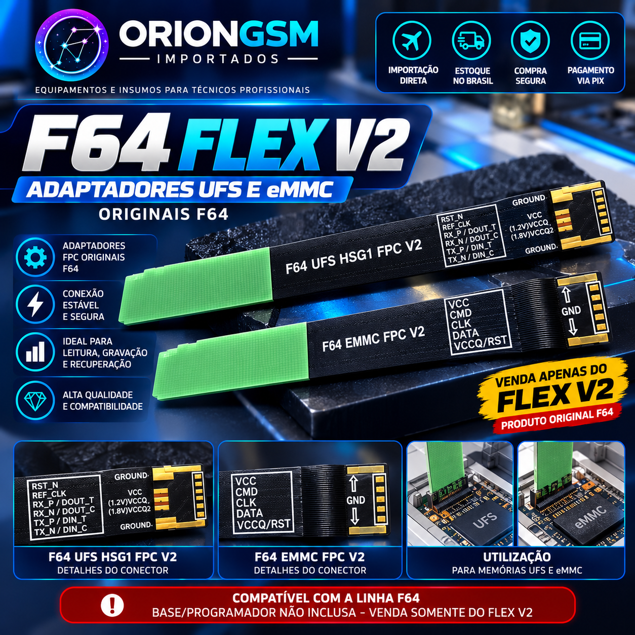 F64 Flex V2 UFS HSG1 + eMMC FPC V2 – Adaptadores para Programadora F64 (ENVIO INTERNACIONAL)