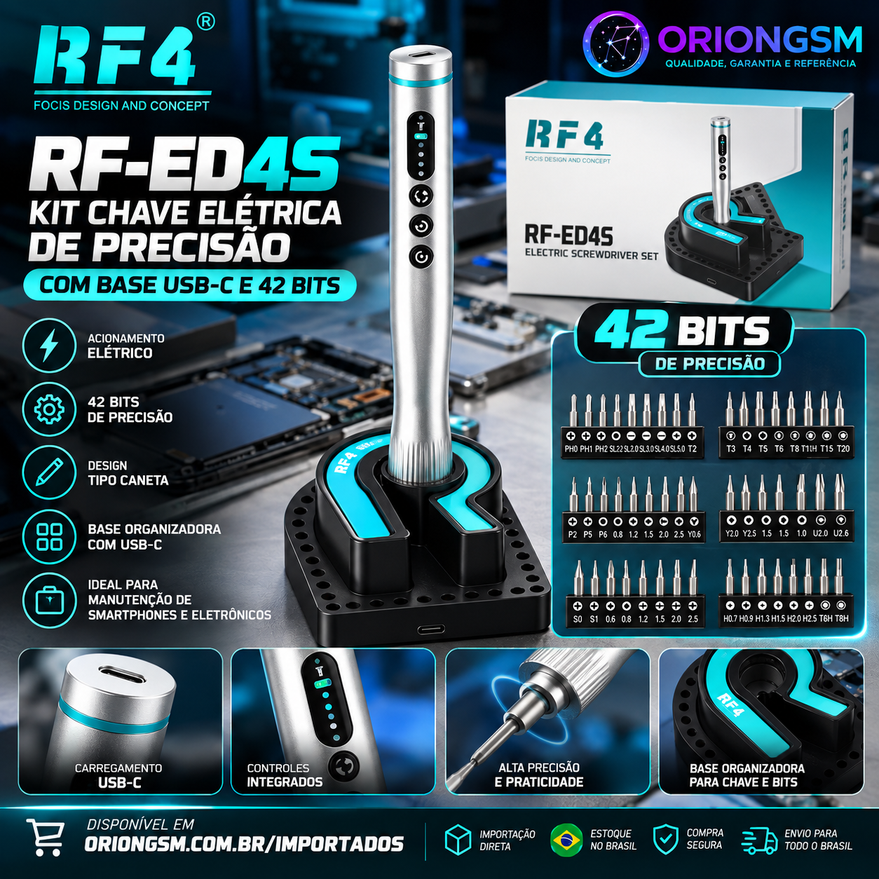 Kit Chave de Precisão Elétrica RF4 RF-ED4S + Base USB-C + 42 Bits (ENVIO INTERNACIONAL)