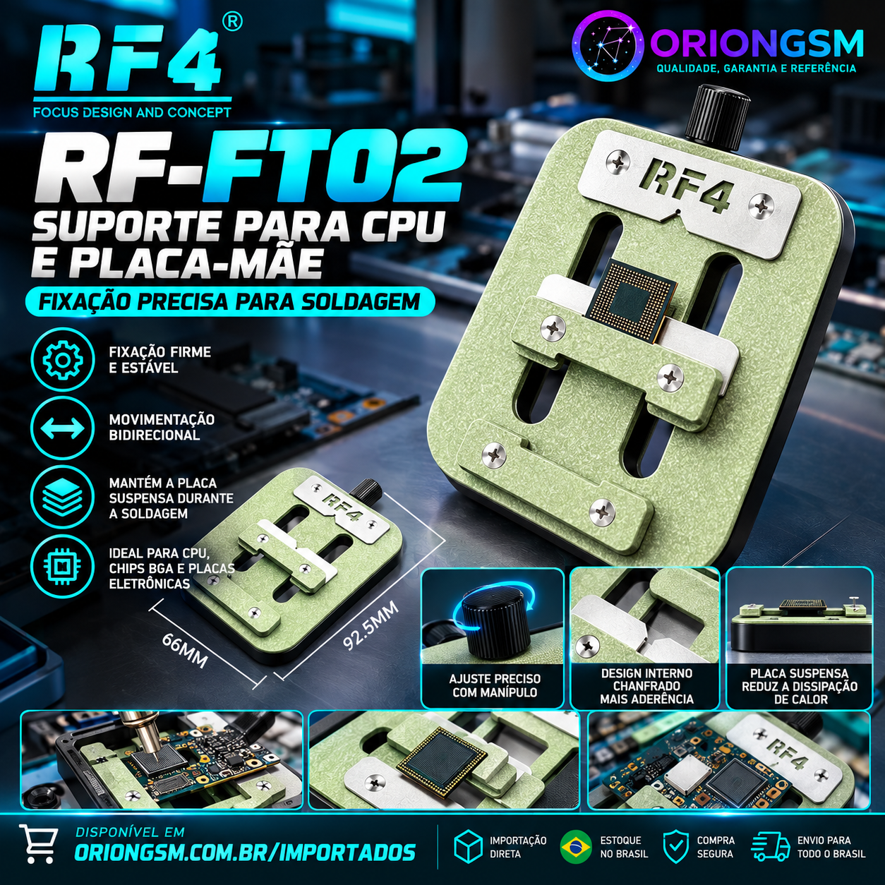 Suporte RF4 RF-FT02 para CPU, Chip BGA e Placa-Mãe – Fixador para Soldagem e Microsoldagem (ENVIO INTERNACIONAL)