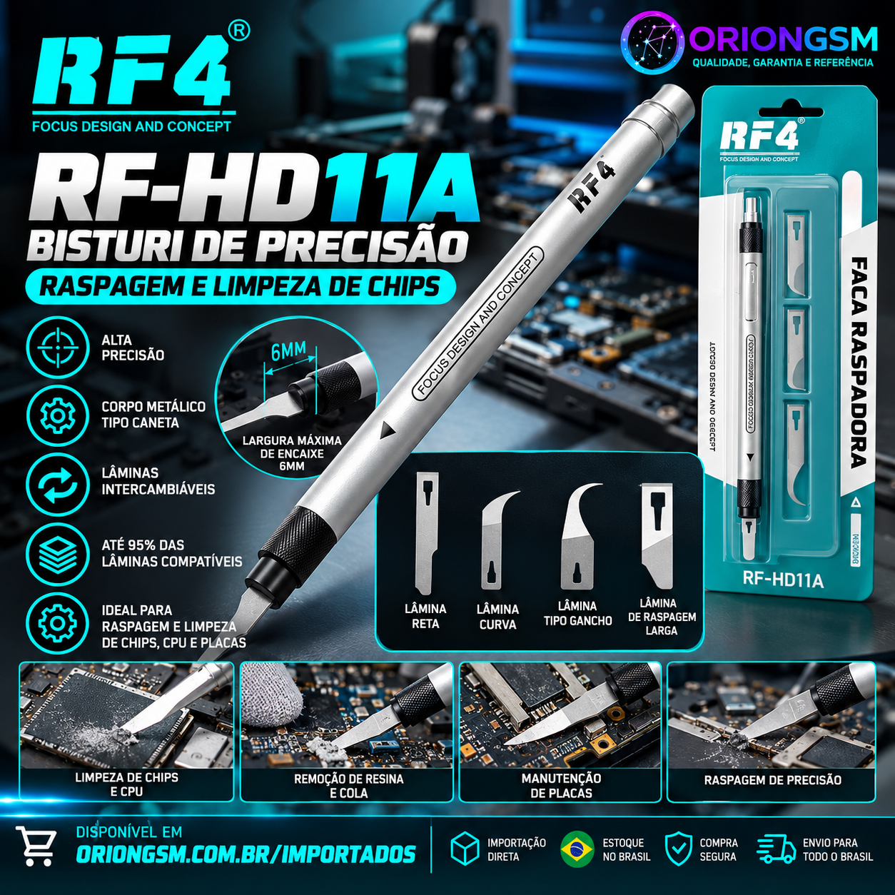 Kit com 10 Bisturi de Precisão RF4 RF-HD11A com Lâminas Intercambiáveis – Raspagem e Limpeza de Chips (ENVIO INTERNACIONAL)