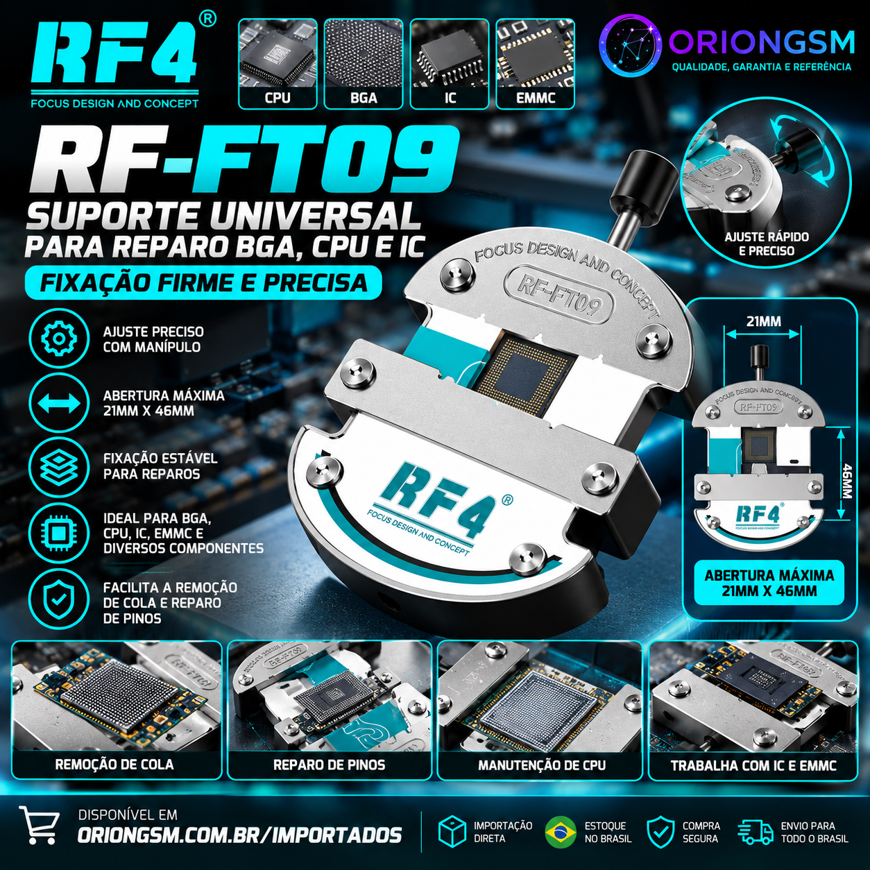 Suporte Universal RF4 RF-FT09 para BGA, CPU, IC e eMMC – Fixador de Precisão para Reparo de Chips (ENVIO INTERNACIONAL)