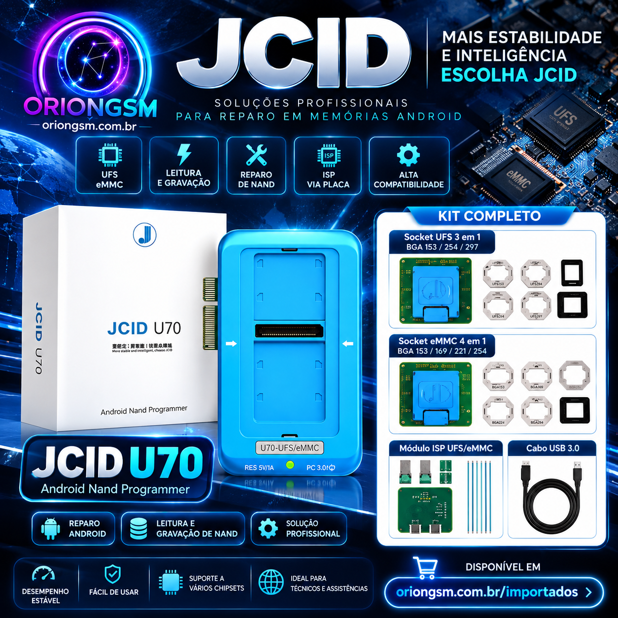 Programadora JCID U70 Gen2 Android NAND UFS/eMMC/ISP – Kit Completo com Sockets BGA (ENVIO INTERNACIONAL)