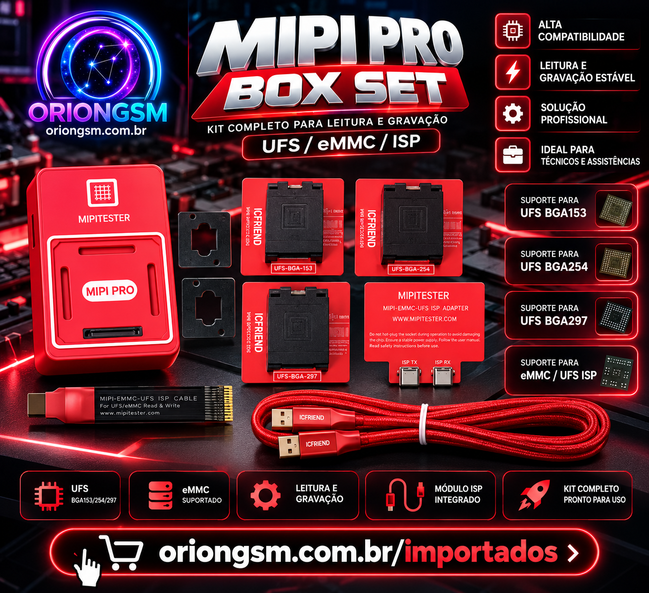 MIPI PRO Box Set – Programador UFS/eMMC ISP com Sockets BGA153, BGA254 e BGA297 (ENVIO INTERNACIONAL)