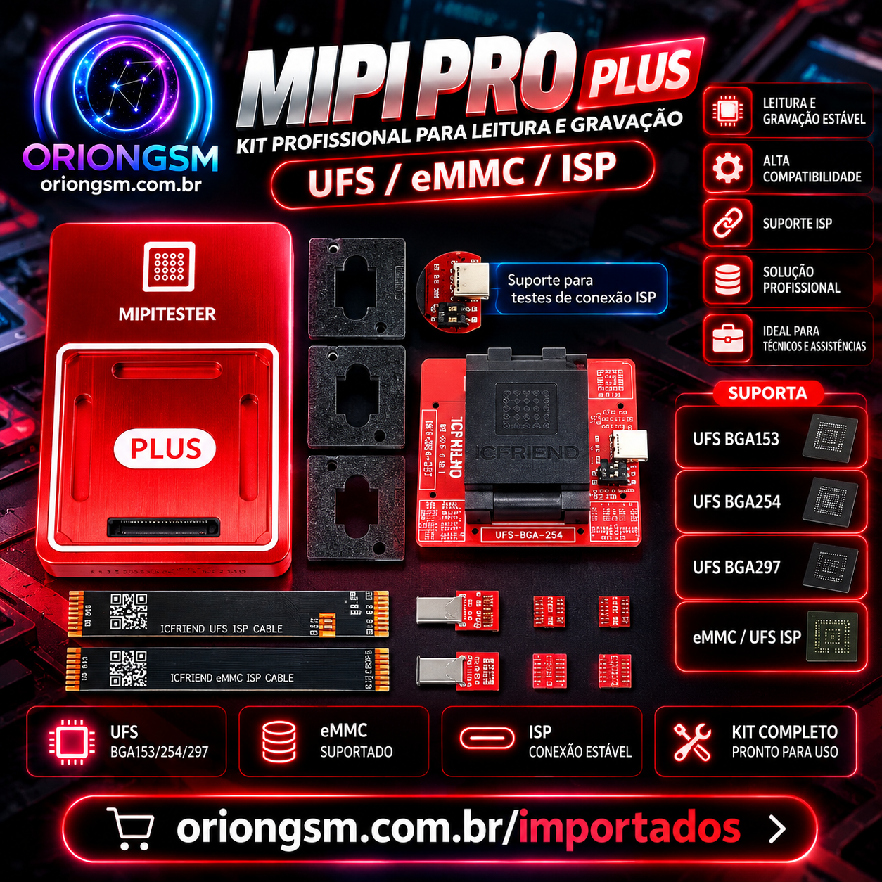 MIPI PRO Plus – Programador Profissional UFS/eMMC ISP com Sockets BGA153, BGA254 e BGA297 (ENVIO INTERNACIONAL)