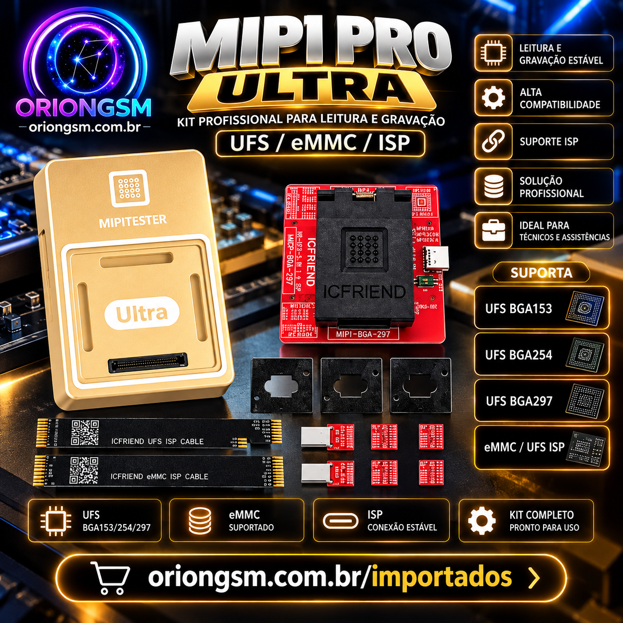 MIPI PRO Ultra – Programador Profissional UFS/eMMC ISP com Sockets BGA153, BGA254 e BGA297 (ENVIO INTERNACIONAL)