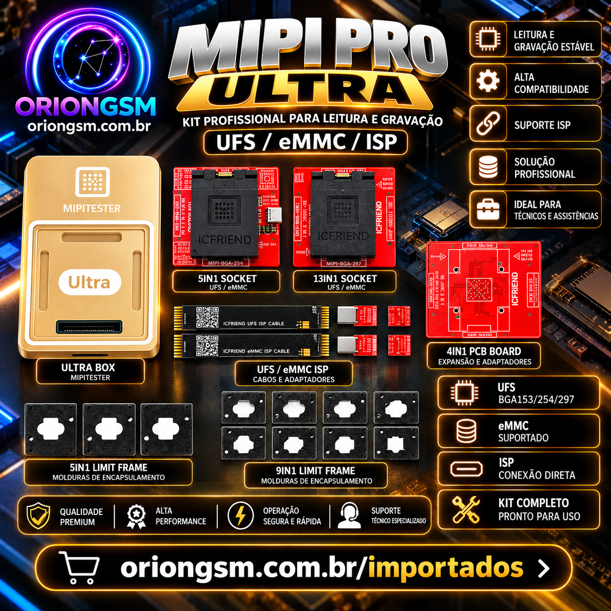 MIPI PRO Ultra Kit Completo – Programador UFS/eMMC ISP com Sockets 5 em 1, 13 em 1 e PCB 4 em 1 (ENVIO INTERNACIONAL)