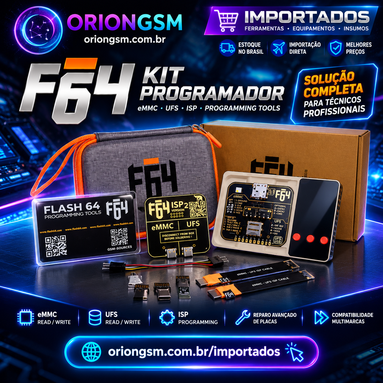 Kit Programadora F64+ V2 Flash64 Profissional – eMMC, UFS e ISP 2.0 com Adaptadores, Cabos e Maleta Completa (ENVIO NACIONAL)