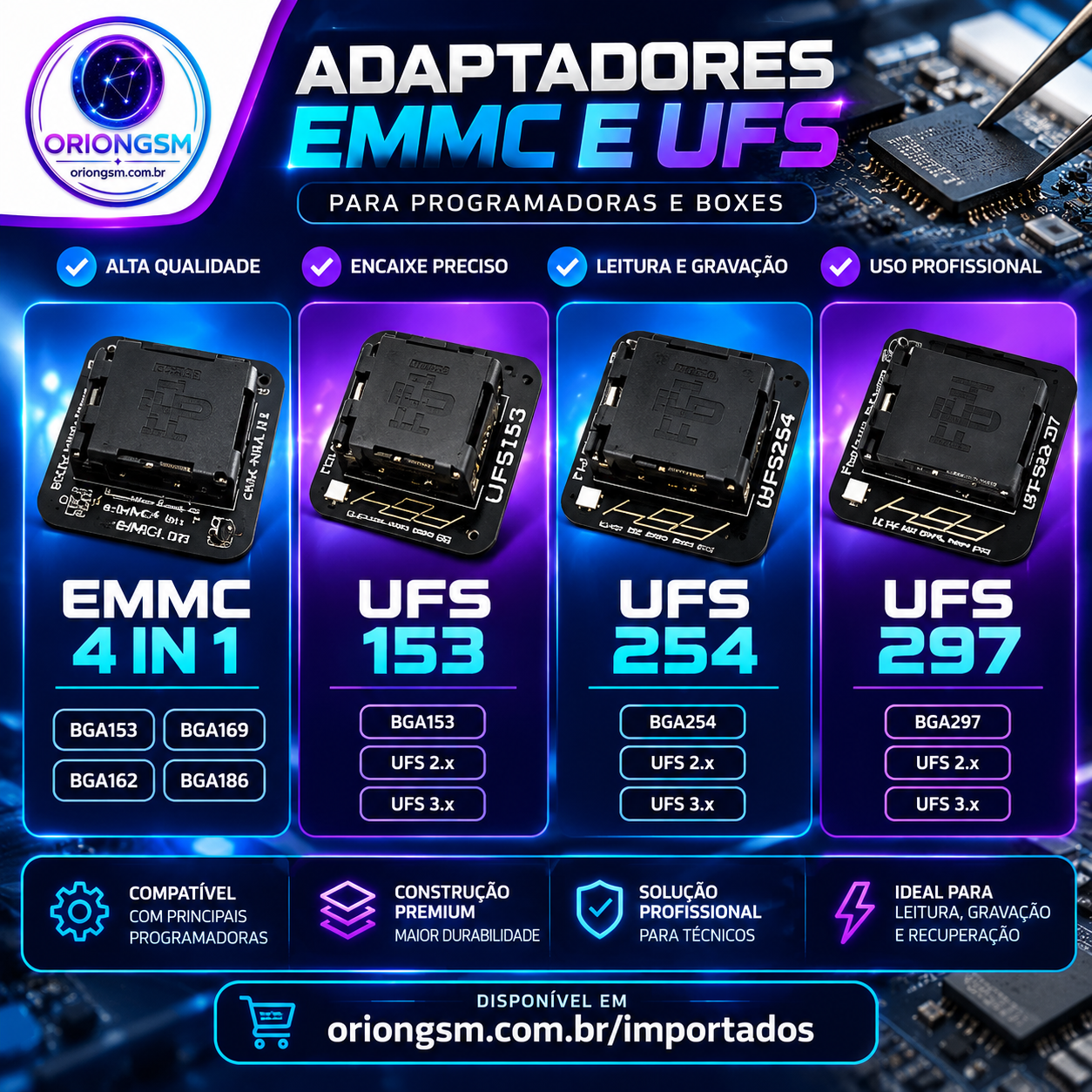 Kit de Adaptadores eMMC 4 em 1 + UFS BGA153, BGA254 e BGA297 para Programadoras e Boxes – Reparo Profissional (ENVIO INTERNACIONAL)