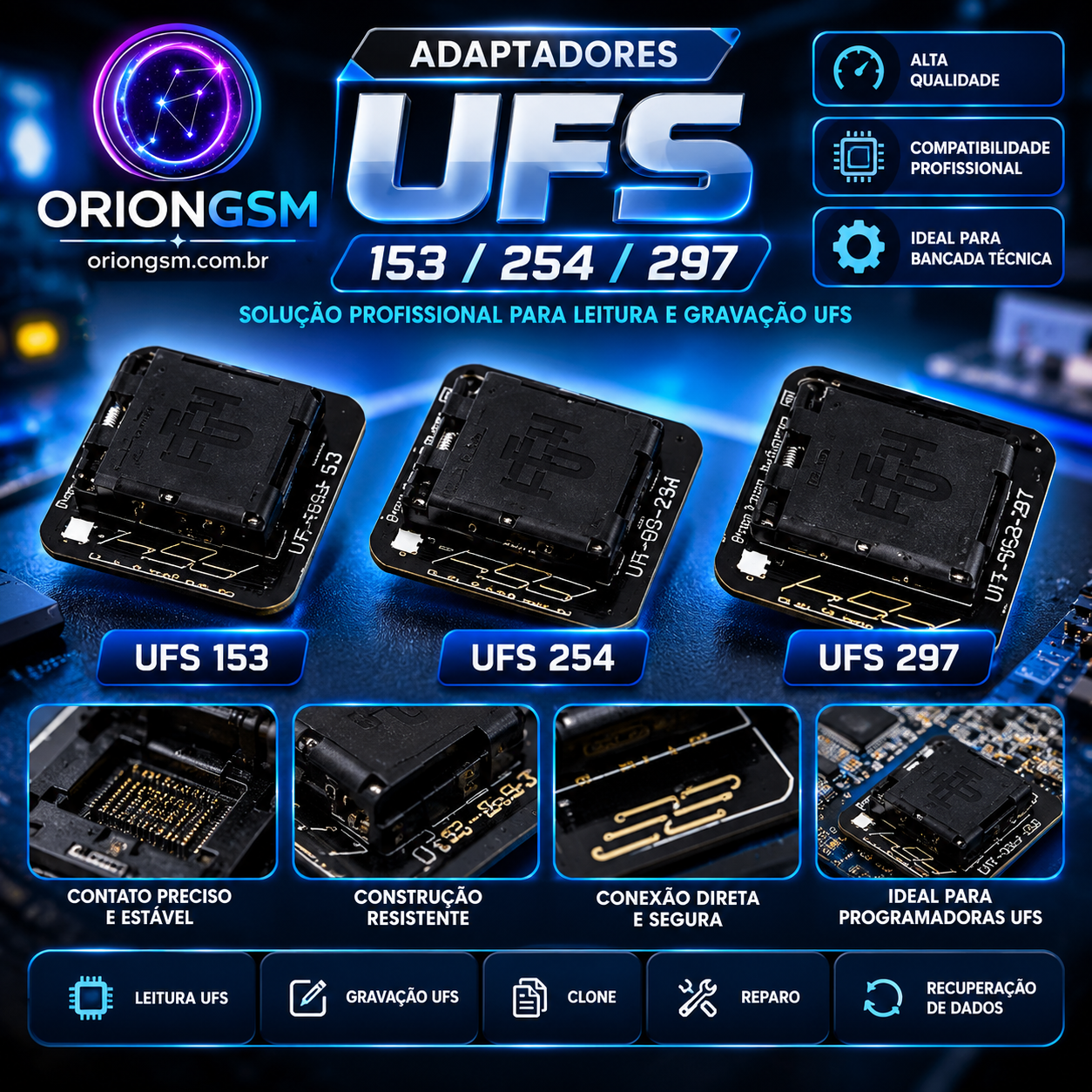 Kit Adaptadores UFS 153 / 254 / 297 – Soquetes BGA Profissionais para Programação e Reparo de Memórias UFS (ENVIO INTERNACIONAL)