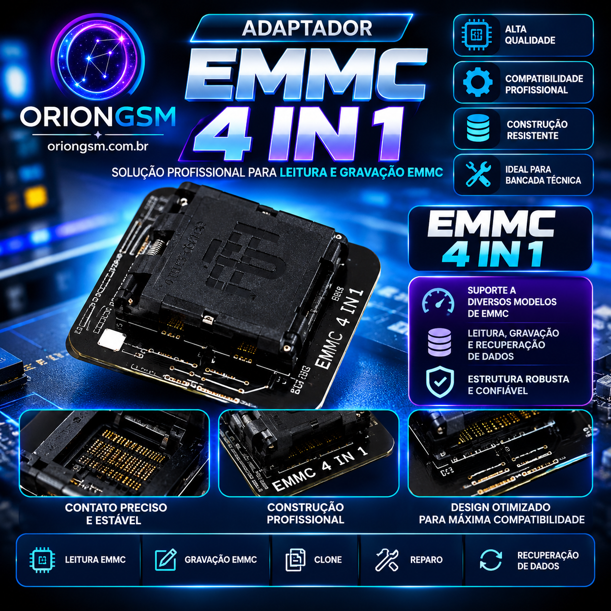 Adaptador eMMC 4 em 1 – Soquete BGA Profissional para Leitura, Gravação e Recuperação de Memórias eMMC (ENVIO INTERNACIONAL)