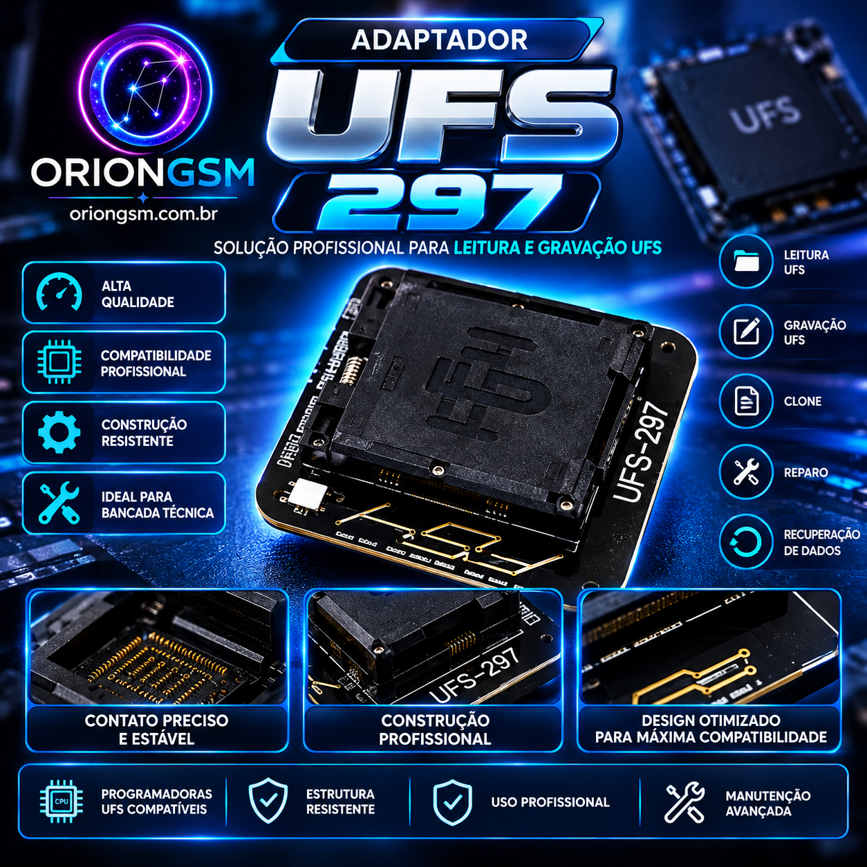Adaptador UFS 297 BGA – Soquete Profissional para Leitura, Gravação e Recuperação de Memórias UFS (ENVIO INTERNACIONAL)