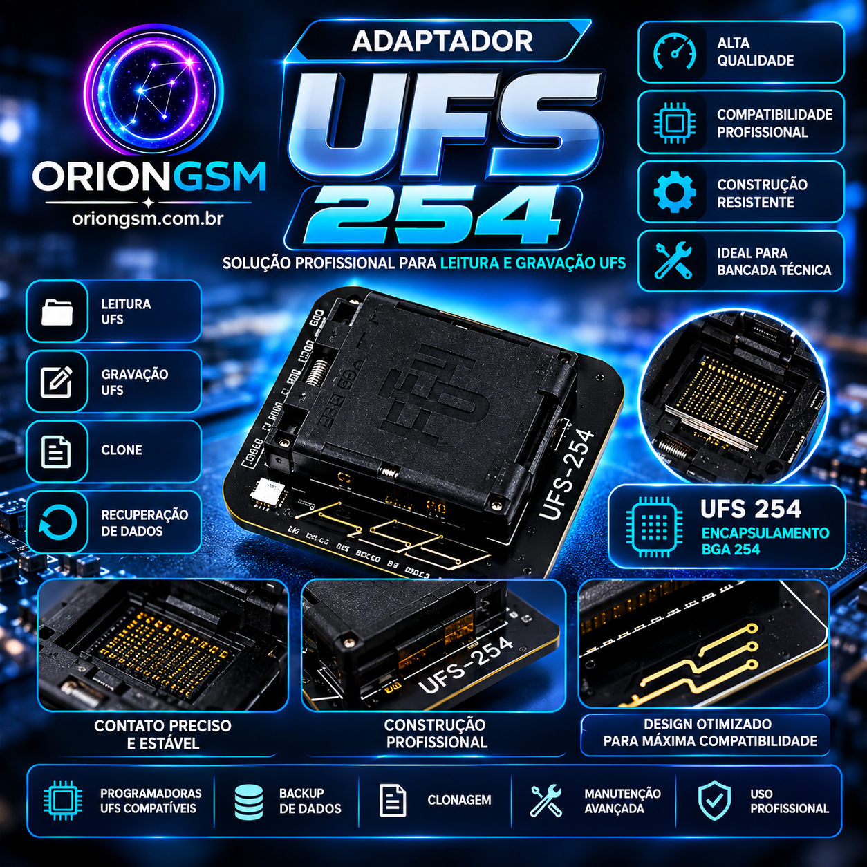Adaptador UFS 254 BGA – Soquete Profissional para Leitura, Gravação e Recuperação de Memórias UFS (ENVIO INTERNACIONAL)