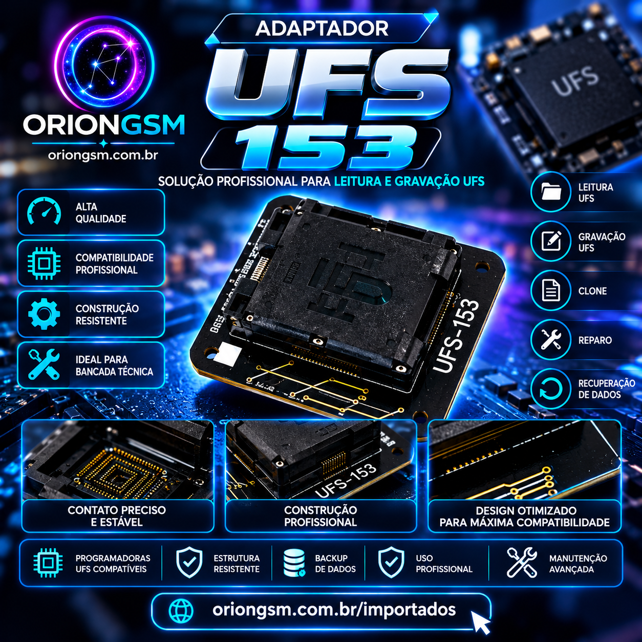 Adaptador UFS 153 BGA – Soquete Profissional para Leitura, Gravação e Recuperação de Memórias UFS (ENVIO INTERNACIONAL)