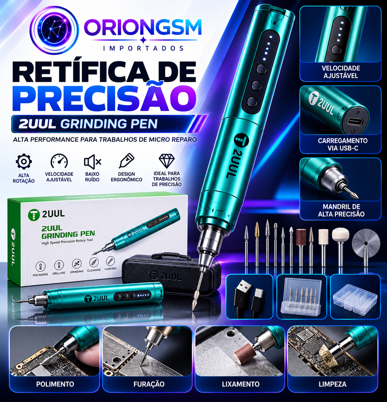Retífica de Precisão Profissional 2UUL Grinding Pen – Mini Retífica Elétrica para Microsoldagem, Polimento e Reparos em Placas Eletrônicas (ENVIO INTERNACIONAL)