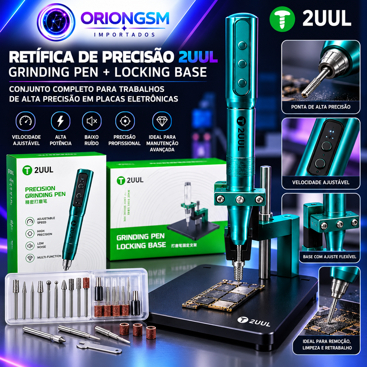 Kit 2UUL Retífica Elétrica de Precisão Grinding Pen + Base de Fixação Locking Base – Conjunto Profissional para Microrreparos e Manutenção de Placas Eletrônicas (ENVIO INTERNACIONAL)