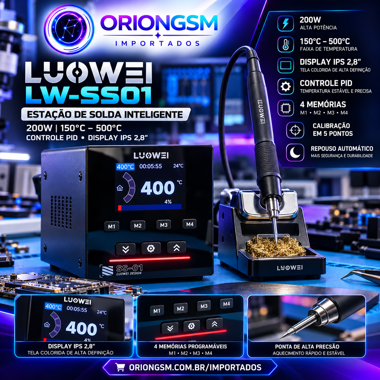 Estação de Solda Inteligente LUOWEI LW-SS01 200W – Display IPS 2,8”, Controle PID, 150°C a 500°C para Microsoldagem Profissional (ENVIO INTERNACIONAL)