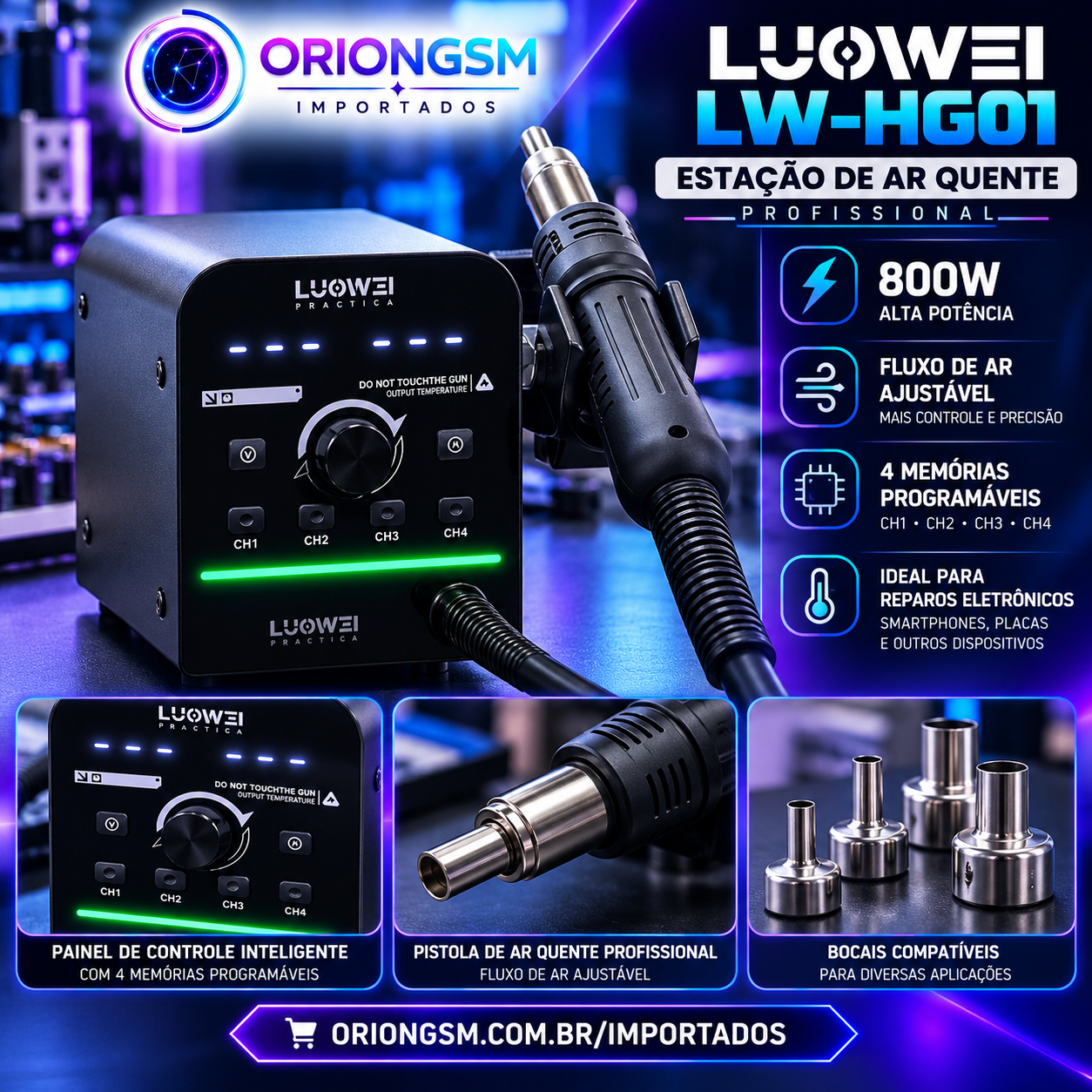 Estação de Ar Quente Profissional LUOWEI LW-HG01 800W – 4 Memórias Programáveis, Fluxo Ajustável para Microsoldagem e Reparo BGA/SMD (ENVIO INTERNACIONAL)