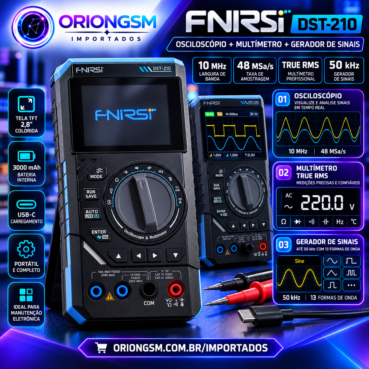 FNIRSI DST-210 Osciloscópio Digital 3 em 1 – Multímetro True RMS, Gerador de Sinais 50kHz, 10MHz, 48MSa/s (ENVIO INTERNACIONAL)