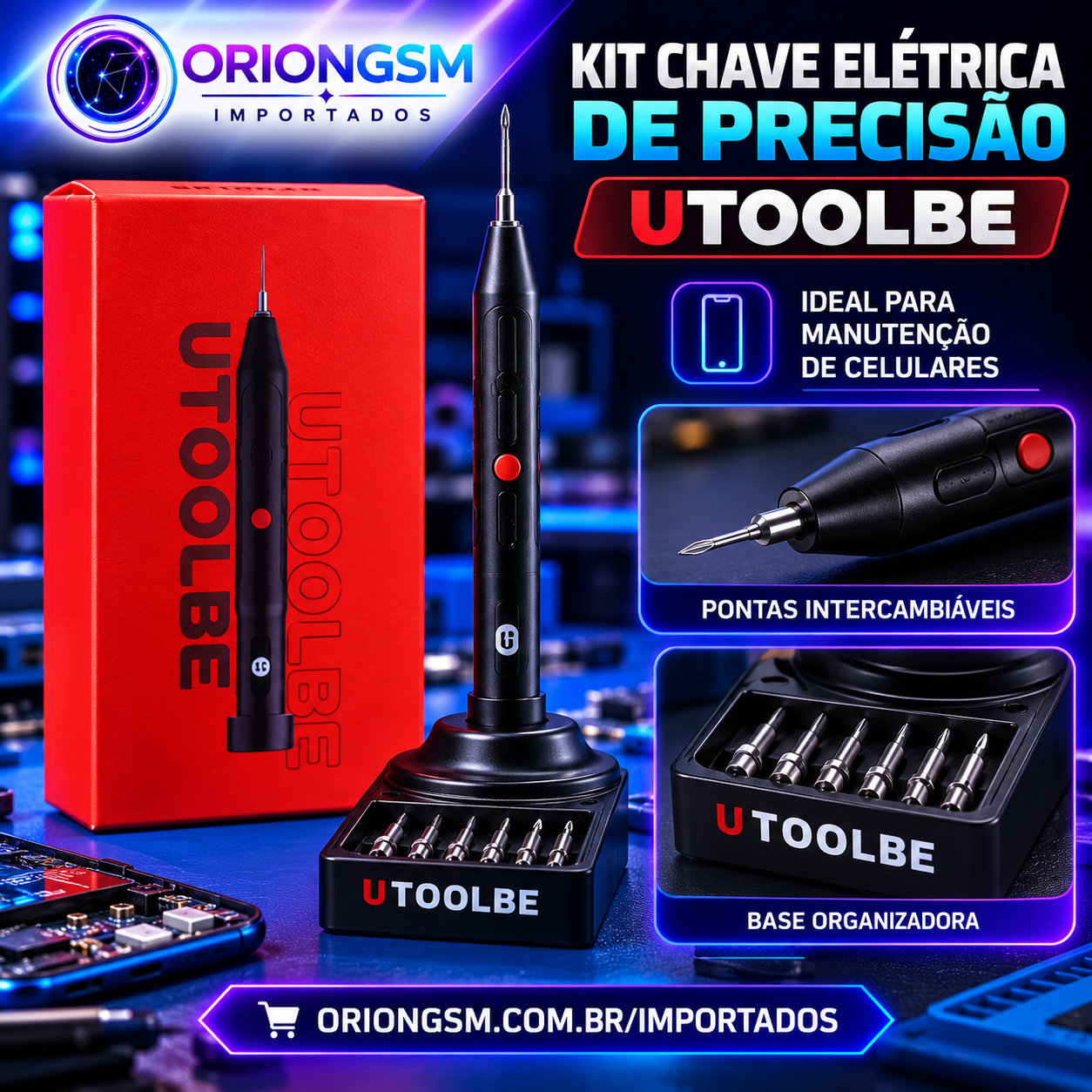 Kit Chave Elétrica de Precisão UTOOLBE – Mini Parafusadeira para Manutenção de Celulares com Base e Pontas Intercambiáveis (ENVIO INTERNACIONAL)