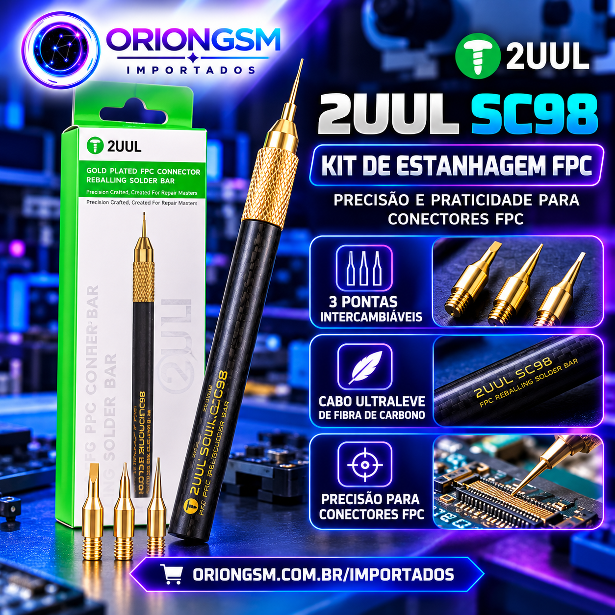 2UUL SC98 – Kit de Ferramenta para Estanhagem de Conectores FPC com 3 Pontas Banhadas a Ouro (ENVIO INTERNACIONAL)
