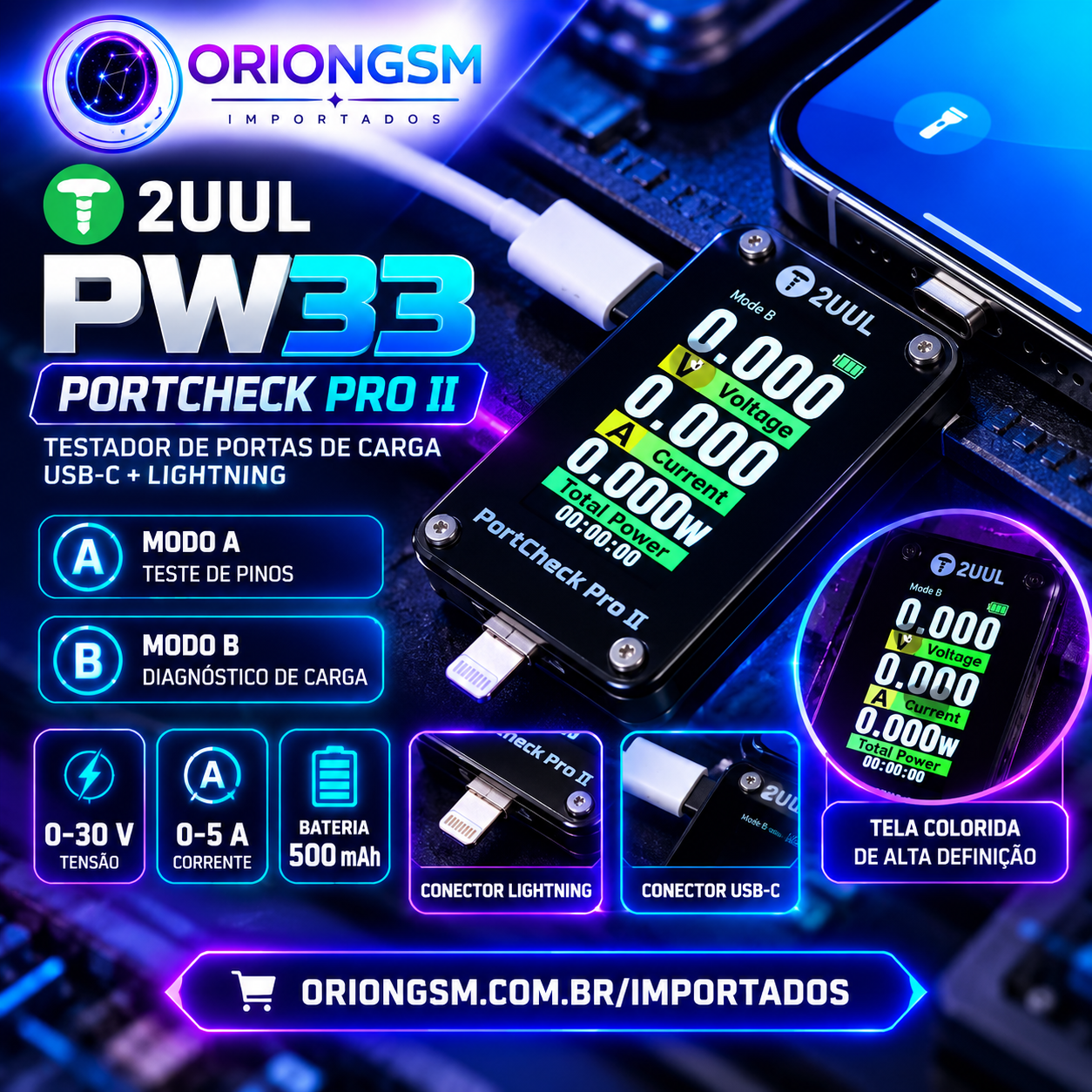 2UUL PW33 PortCheck Pro II – Testador de Porta de Carga USB-C e Lightning com Display Digital (ENVIO INTERNACIONAL)