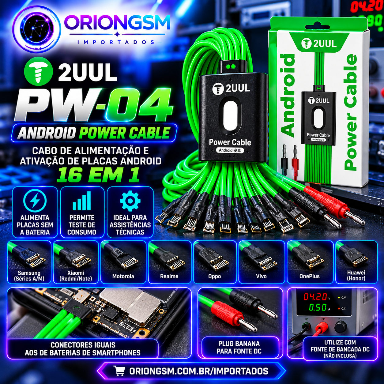 2UUL PW-04 Android Power Cable 16 em 1 – Cabo de Alimentação e Ativação de Placas para Fonte de Bancada (ENVIO INTERNACIONAL)